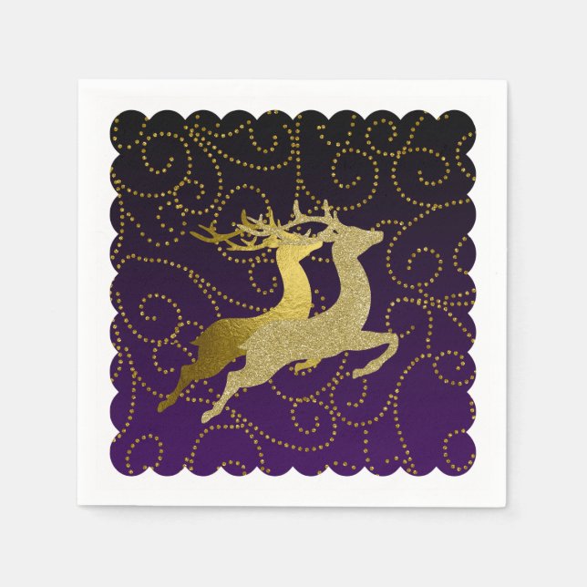 Any Colour Black Ombre Two Gold Reindeer Holiday Napkin (Front)