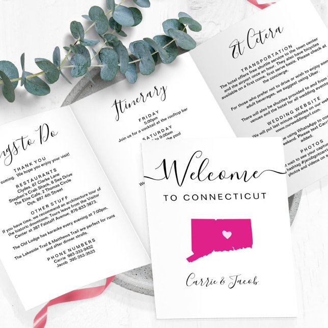 Any Colour Connecticut Wedding Welcome Itinerary Tri-Fold Programme (Connecticut Wedding Welcome Letter & Itinerary)