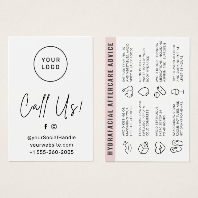 Any colour Custom Logo HydraFacial Aftercare Card (Front & Back)