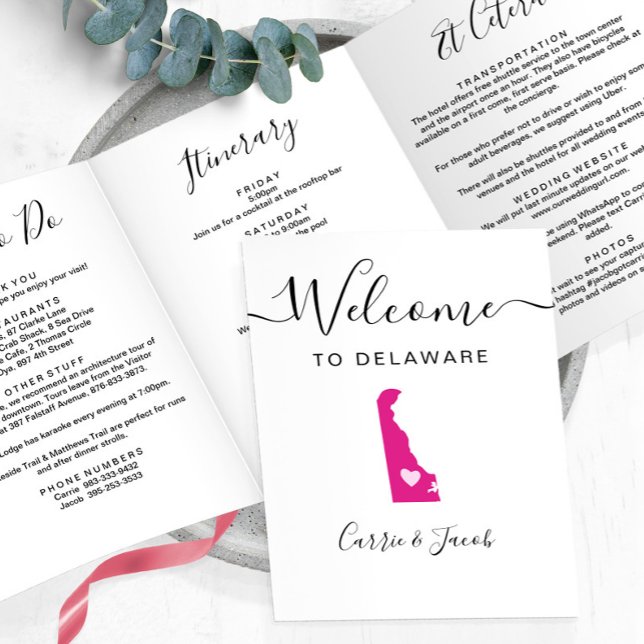 Any Colour Delaware Wedding Welcome Bag Itinerary Tri-Fold Programme (Delaware Wedding Weekend Welcome Letter & Itinerary)