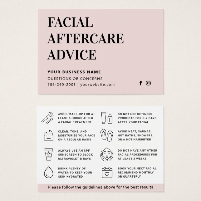 Any Colour Facial Aftercare Advice Instruction Car (Front & Back)
