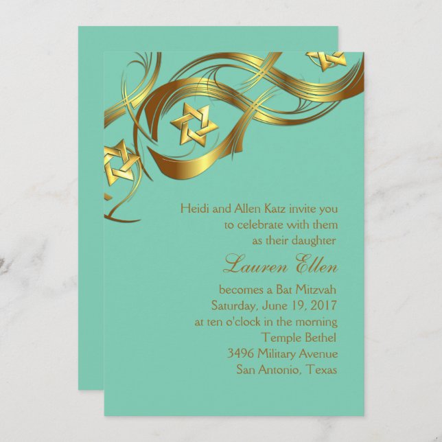 Any Colour Golden Star Swag Bat Mitzvah Invitation (Front/Back)