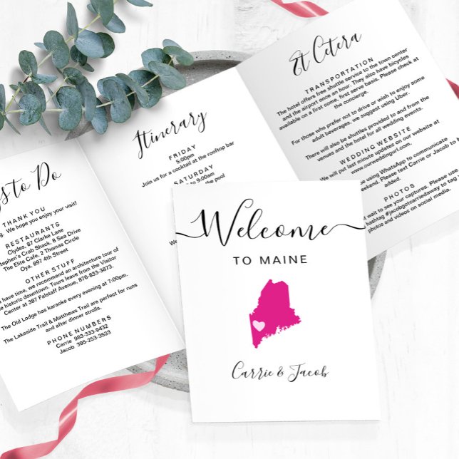 Any Colour Maine Map Wedding Welcome Itinerary Tri-Fold Programme (Maine Wedding Welcome Letter & Itinerary)
