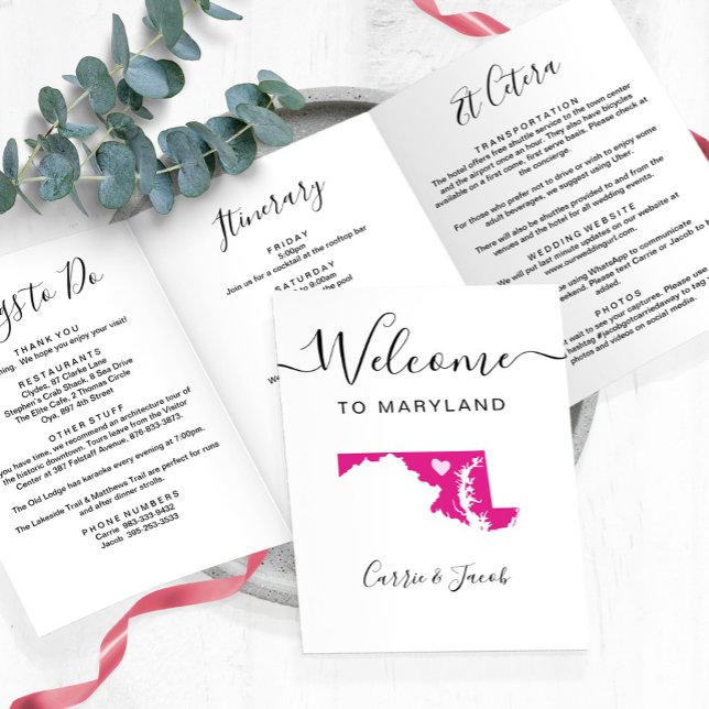 Any Colour Maryland Map Wedding Welcome Itinerary Tri-Fold Programme (Maryland Wedding Welcome Letter and Itinerary)