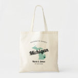 Any Colour Michigan Map Wedding Welcome Bag, Tote Bag<br><div class="desc">Wedding weekend welcome gift bag for out of town guests to your wedding, featuring image of Michigan. You may edit the colours for any part of this design, as well as move the heart to the location of your wedding. To change colours, click personalise and then "edit using the design...</div>