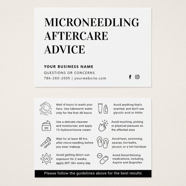 Any Colour Microneedling Aftercare Instruction Car (Front & Back)