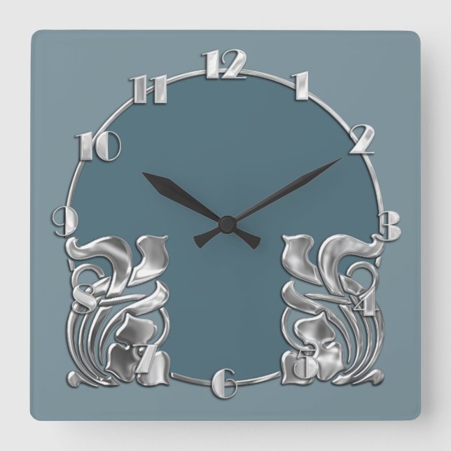 Any Colour Monotone Art Deco Silver Design Square Wall Clock (Front)