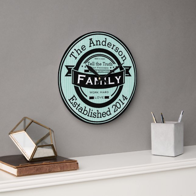 Any Colour Personalised Family Name Retro Style Large Clock (Office)