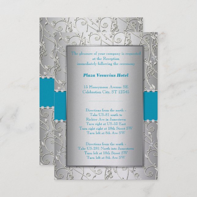 Any Colour Silver Shown with Turquoise Blue Weddin Invitation (Front/Back)