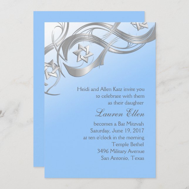Any Colour Silver Star Swag Bat Mitzvah Invitation (Front/Back)