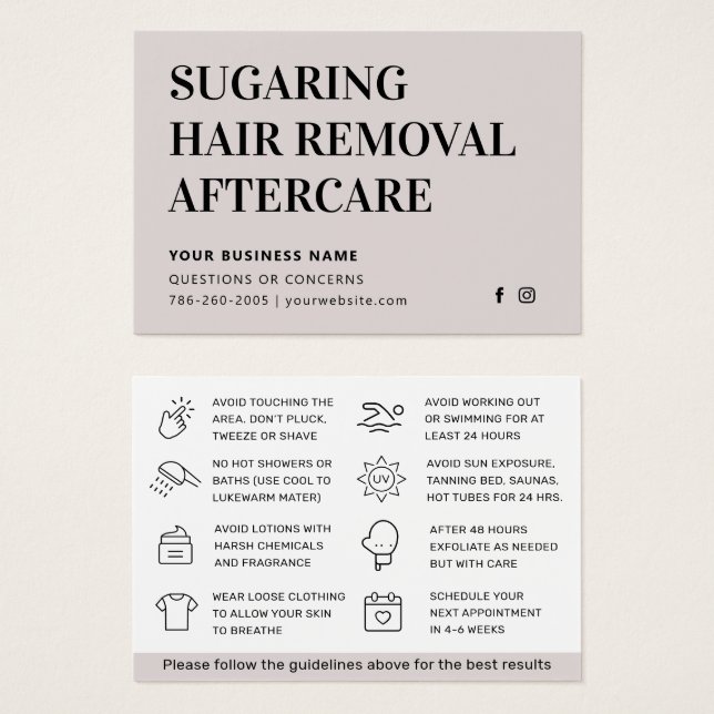 Any Colour Sugaring Hair Removal Aftercare Card  (Front & Back)