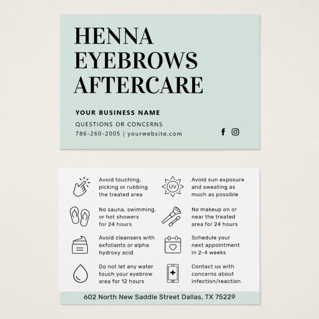 Any Colour Tint Henna Brows Aftercare Card Advice (Front & Back)