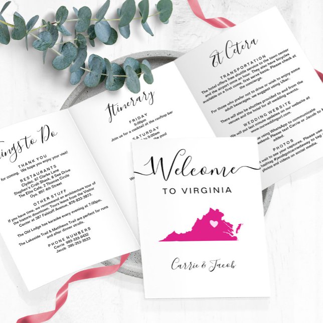 Any Colour Virginia Map Wedding Welcome Itinerary Tri-Fold Programme (Virginia wedding welcome letter & itinerary)
