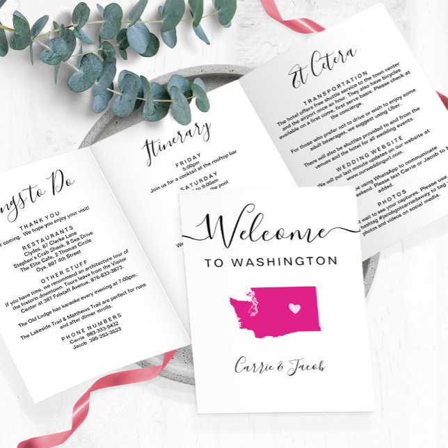 Any Colour Washington Map Wedding Welcome Itinerar Tri-Fold Programme (Washington State Wedding Welcome Letter & Itinerary)