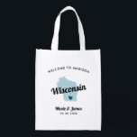 Any Colour Wisconsin Wedding Welcome Bag, Reusable Grocery Bag<br><div class="desc">Wedding weekend welcome gift bag for out of town guests to your wedding, featuring image of Wisconsin. You may edit the colours for any part of this design, as well as move the heart to the location of your wedding. To change colours, click personalise and then "edit using the design...</div>