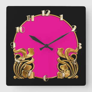 Any Colour with Black Art Deco Gold Design Square Wall Clock