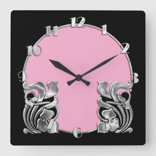 Any Colour with Black Art Deco Silver Design Square Wall Clock