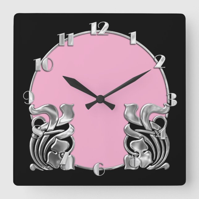 Any Colour with Black Art Deco Silver Design Square Wall Clock (Front)