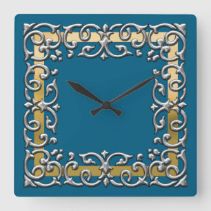 Any Colour with Gold and Silver Filigree Border Square Wall Clock