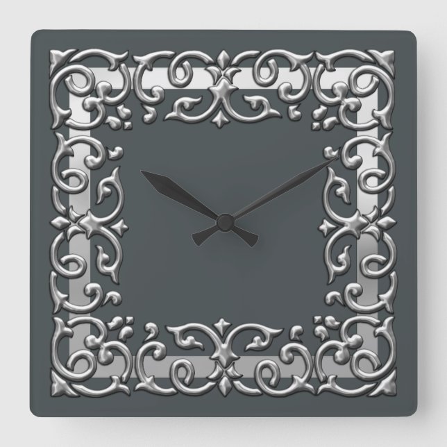 Any Colour with Silver Filigree Border Square Wall Clock (Front)