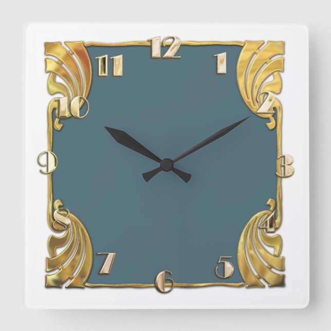 Any Colour with White Art Deco Gold Design Square Wall Clock (Front)