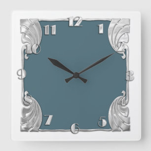 Any Colour with White Art Deco Silver Design Square Wall Clock