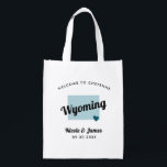 Any Colour Wyoming Wedding Welcome Bag, Reusable Grocery Bag<br><div class="desc">Wedding weekend welcome gift bag for out of town guests to your wedding, featuring image of Wyoming. You may edit the colours for any part of this design, as well as move the heart to the location of your wedding. To change colours, click personalise and then "edit using the design...</div>