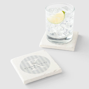 Any Colours Grey Striped Circle Family Monogram Stone Coaster
