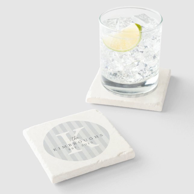Any Colours Grey Striped Circle Family Monogram Stone Coaster (Side)