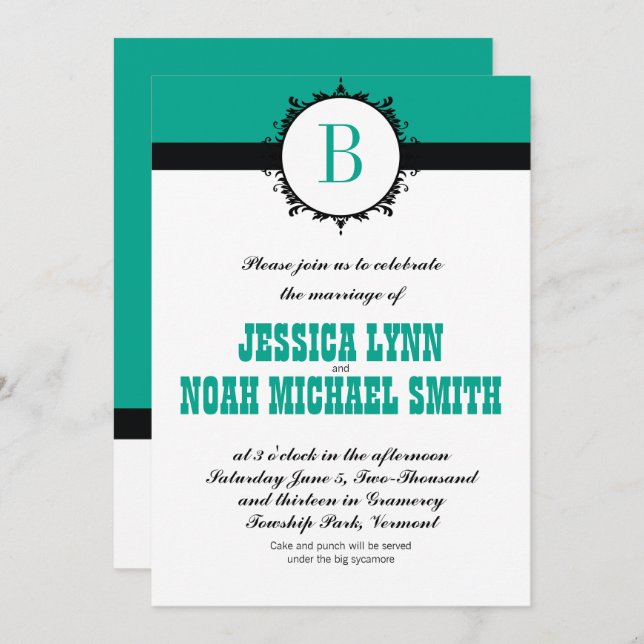 Any Custom Color Emerald Monogram Wedding Invitation (Front/Back)