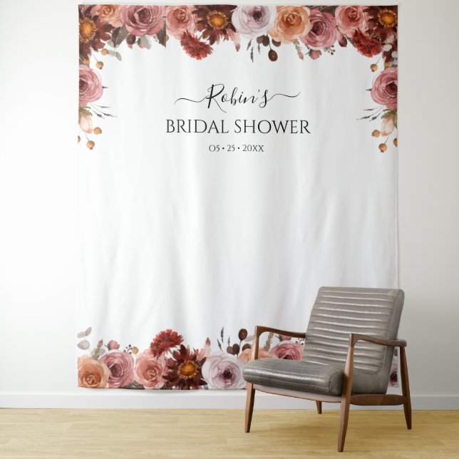 Any Event Blush and Burgundy Floral Photo Backdrop Tapestry (In Situ)