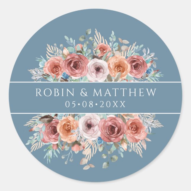Any Event, Ethereal Dusty Blue, Blush Peach Floral Classic Round Sticker (Front)