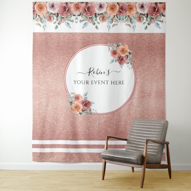 Any Event, Rose Gold, Peach Floral Photo Backdrop Tapestry (In Situ)