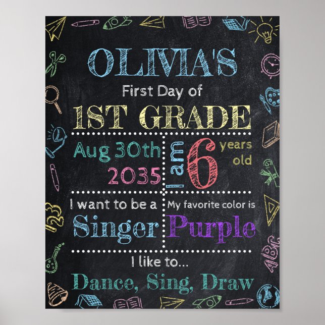 Any Grade Custom Chalkboard First Day Of School Poster (Front)