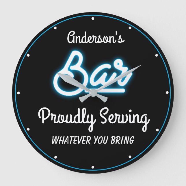 Any Name Bar Retro Faux Blue Neon Funny Serving Large Clock (Front)