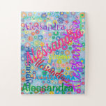 Any Name Collage Puzzle with Flowers<br><div class="desc">This fun puzzle features a colourful girly design with the name of your choice appearing in numerous different fonts and colours. The names are displayed over a blue background with colourful flowers. Great gift for any girl who might like a personalised puzzle!</div>
