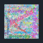 Any Name Collage with Flowers Magnet<br><div class="desc">This magnet features a colourful girly design with the name of your choice appearing in numerous different fonts and colours. The names are displayed over a blue background with colourful flowers. This pretty personalised magnet is both useful and fun.</div>