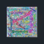 Any Name Collage with Flowers Personalised Button<br><div class="desc">This button features a colourful design with the name of your choice appearing in numerous different fonts and colours. The names are displayed over a blue background with colourful flowers. Great as a nametag or just for fun!</div>