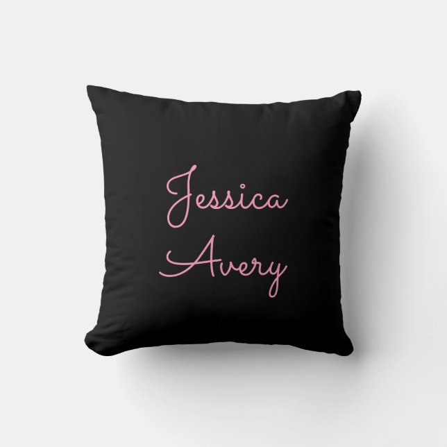 Any Name | Cool Editable Pink Script on Black Cushion (Front)