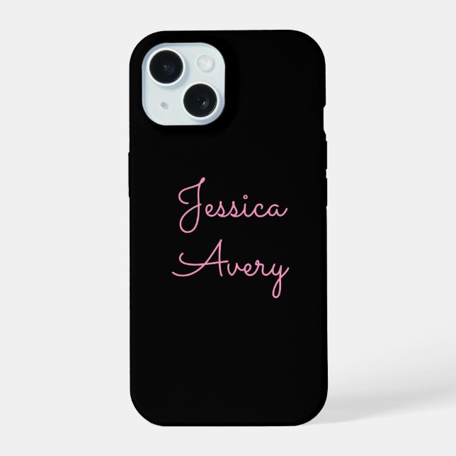 Any Name | Cool Editable Pink Script on Black iPhone 15 Case (Back)