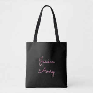 Any Name Cool Editable Pink Script on Black Tote Bag