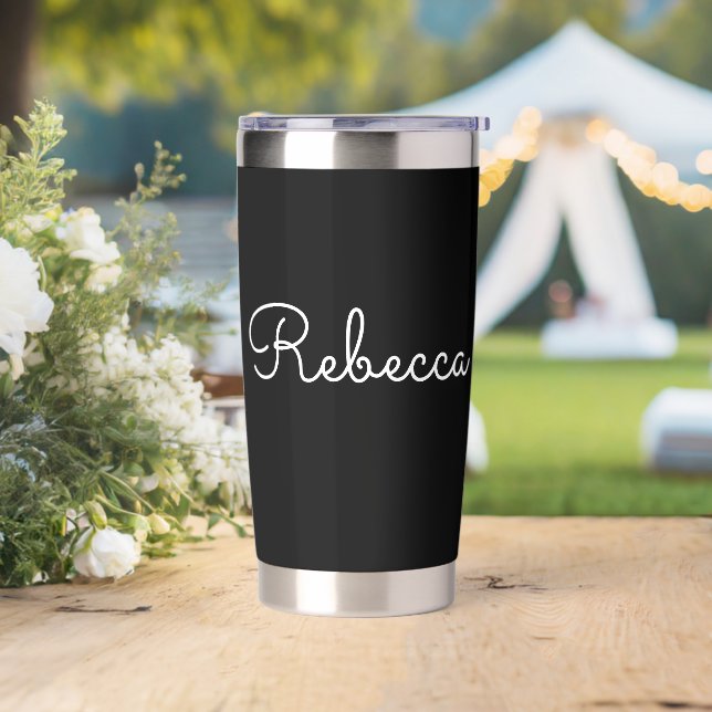 Any Name | Cool Editable White Script on Black Insulated Tumbler (Wedding)