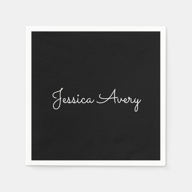 Any Name | Cool Editable White Script on Black Napkin (Front)
