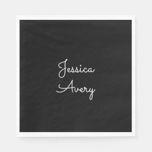 Any Name   Cool Editable White Script on Black Napkin