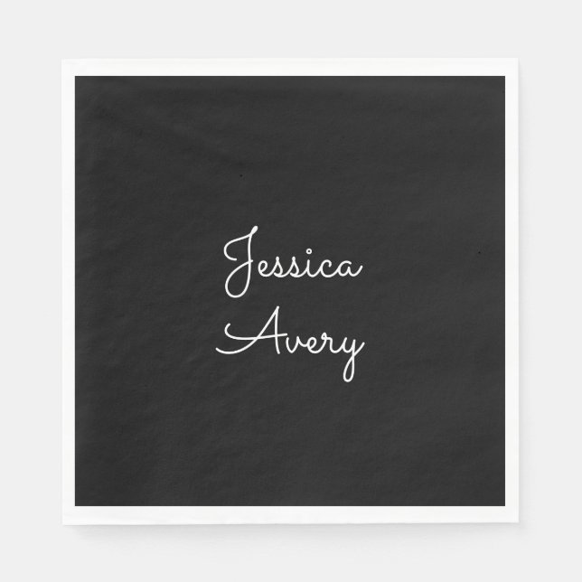 Any Name | Cool Editable White Script on Black Napkin (Front)