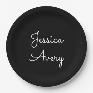 Any Name   Cool Editable White Script on Black Paper Plate