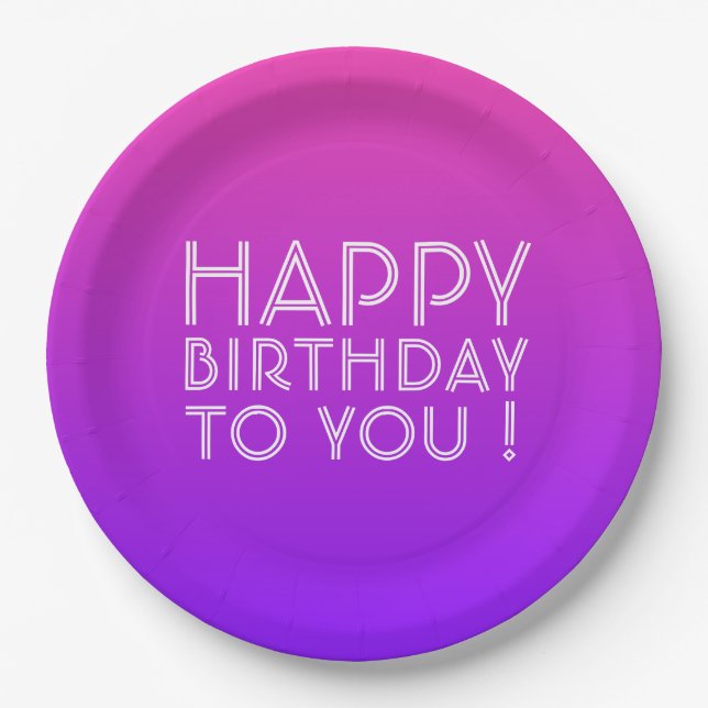 Any Name Editable Happy Birthday Pink Purple Ombre Paper Plate (Front)