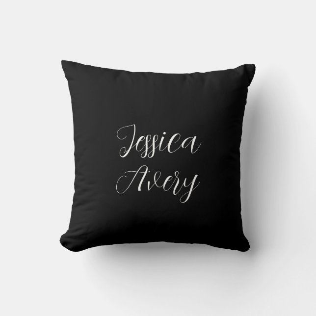 Any Name | Elegant Editable White Script on Black Cushion (Front)