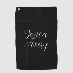 Any Name   Elegant Editable White Script on Black Golf Towel