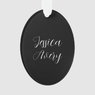 Any Name   Elegant Editable White Script on Black Ornament